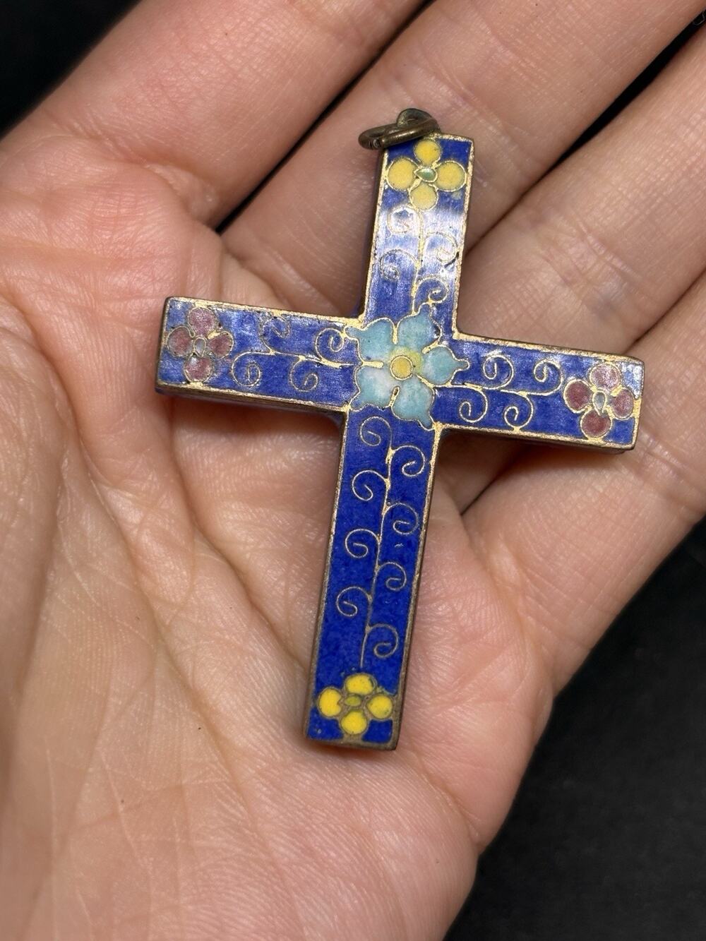 Vintage Chinese Cloisonne Enamel Cross Pendant Blue Flowers Religious Christian